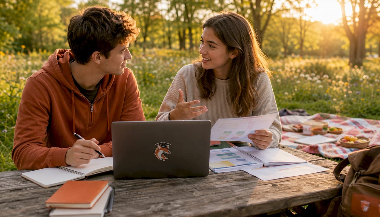 Pair studying and discussing academic topics