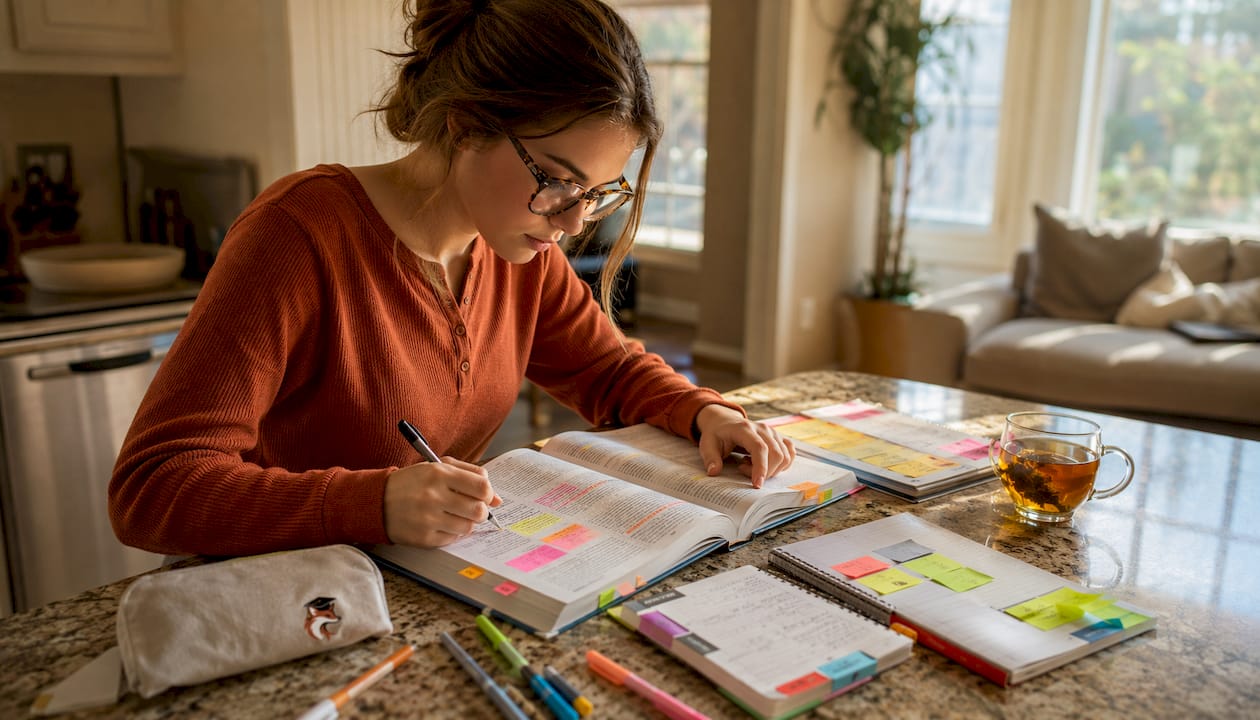 Student organizing study materials at desk