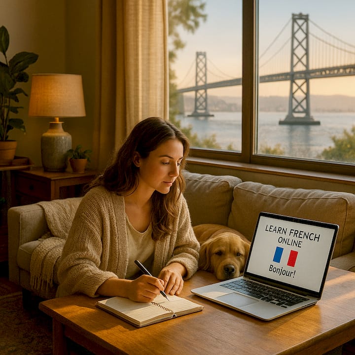 Teen girl studying French in bedroom with laptop and notes