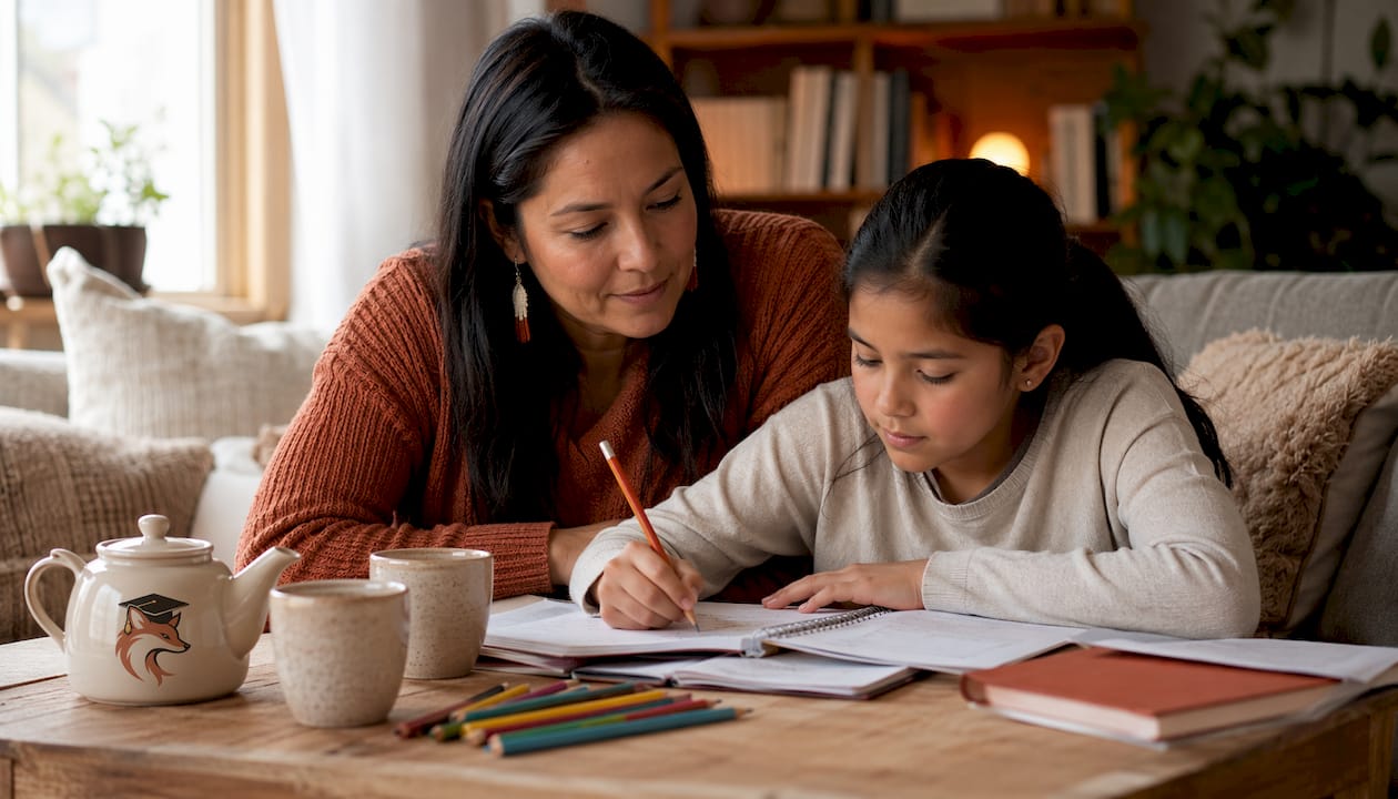 Une maman accompagne sa fille dans ses devoirs à la maison.