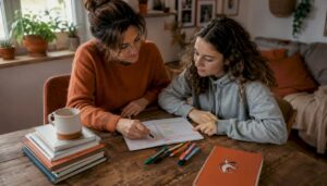 Mother motivating teen daughter to study