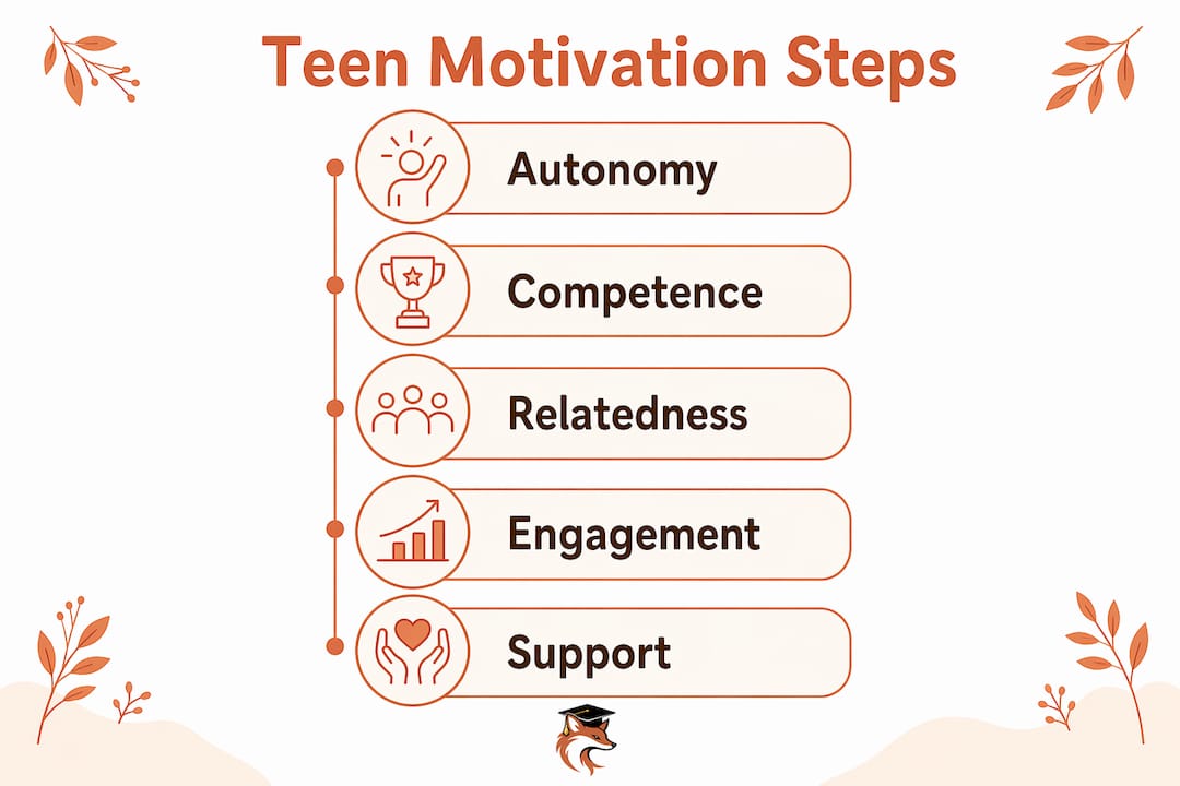 Infographic illustrating five psychological needs for teen motivation