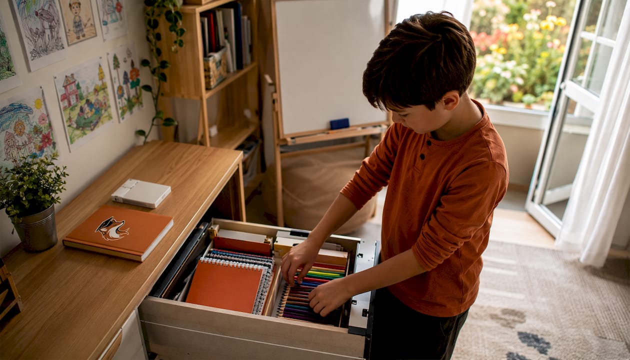 Un élève range soigneusement ses affaires d’école dans son casier.