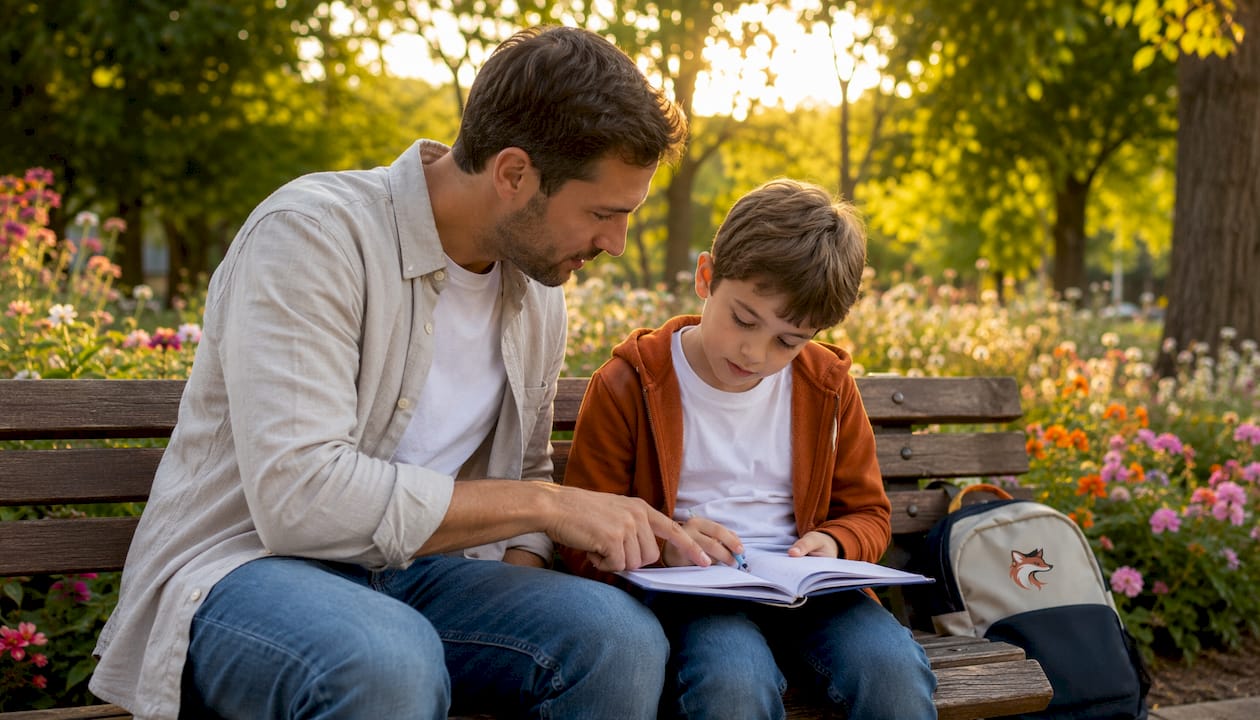 Un père accompagne son enfant dans l’organisation de son emploi du temps scolaire.