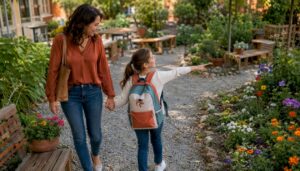 Mère et fille visitant école secondarie