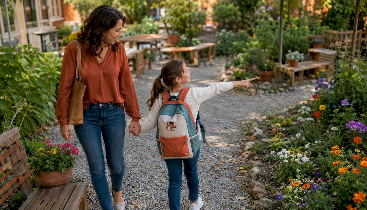 Mère et fille visitant école secondarie