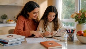 Mother and daughter preparing for high school exam