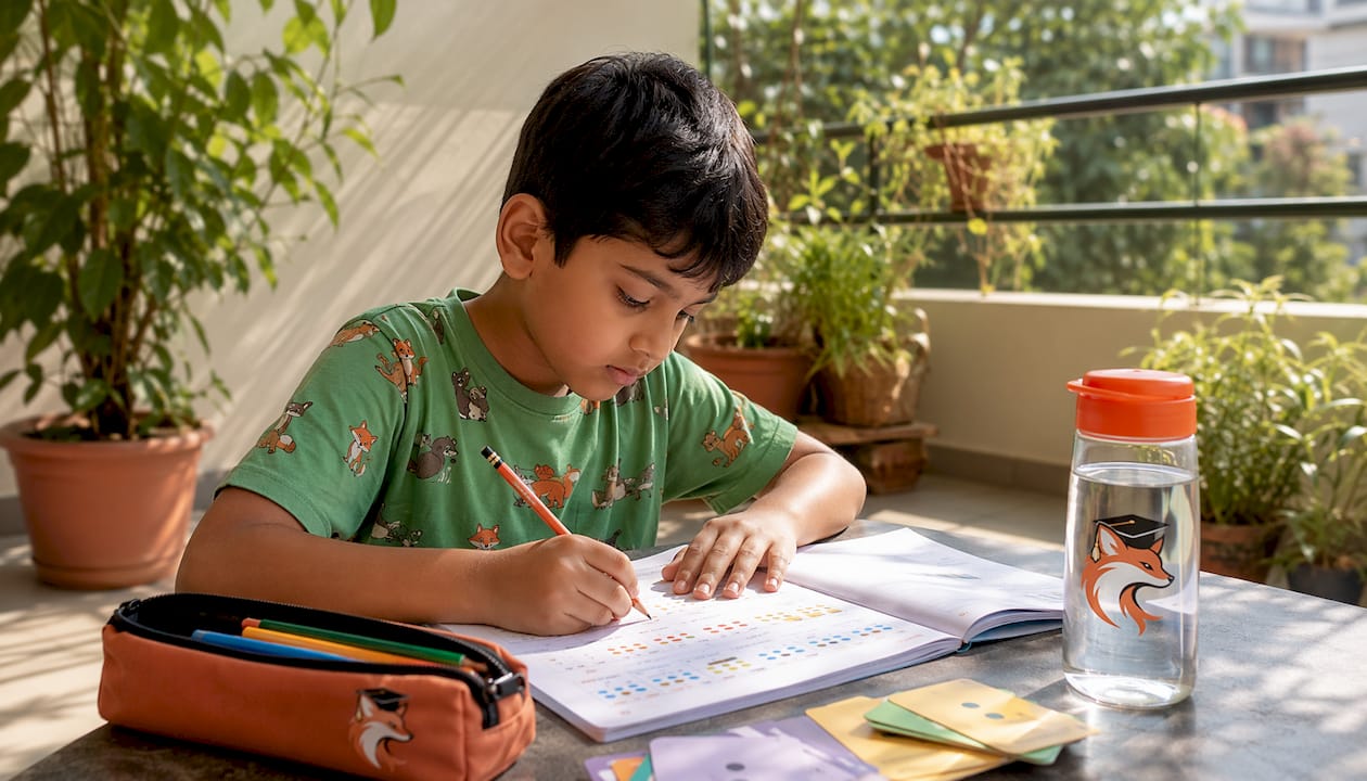 Child focused on weekly exam practice