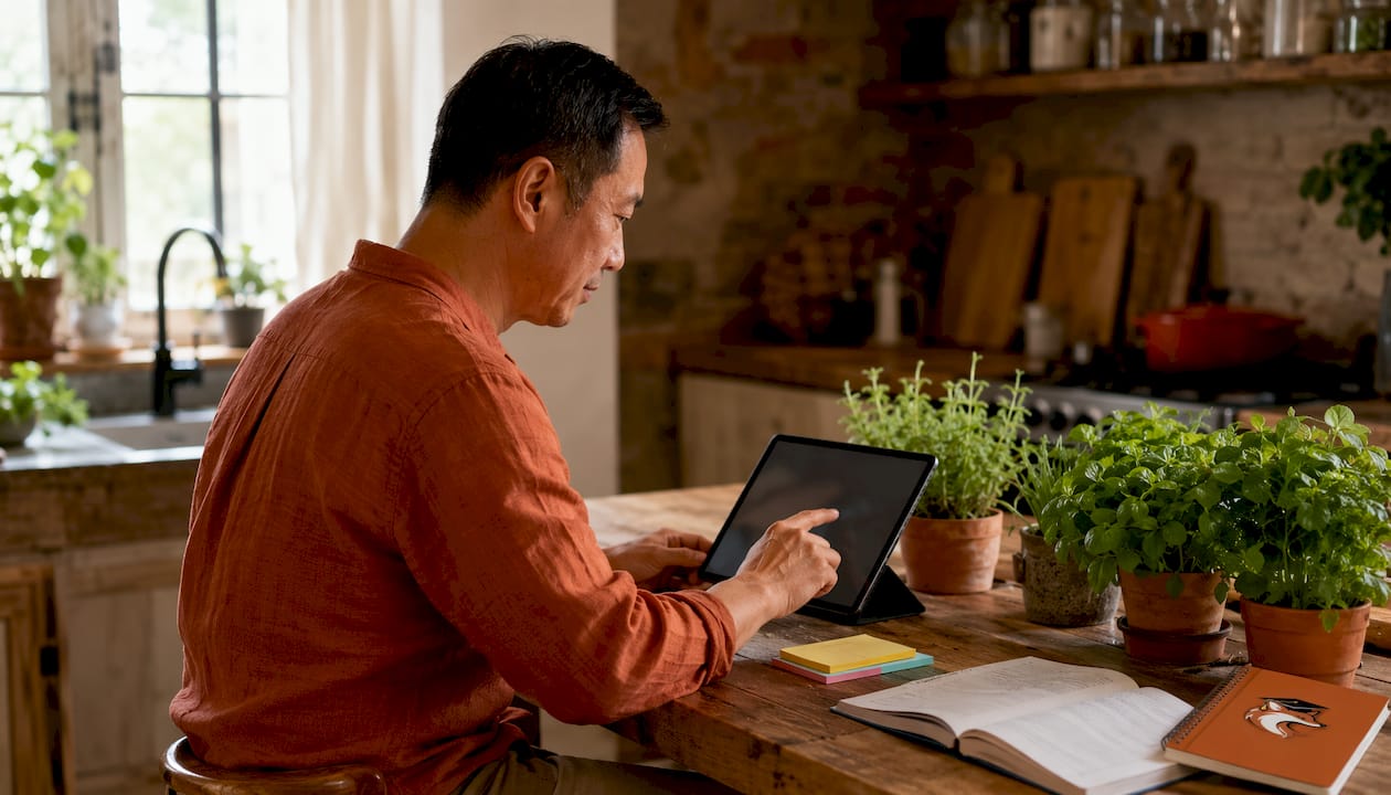 Des mains interagissent avec une application de tutorat personnalisé sur une tablette.