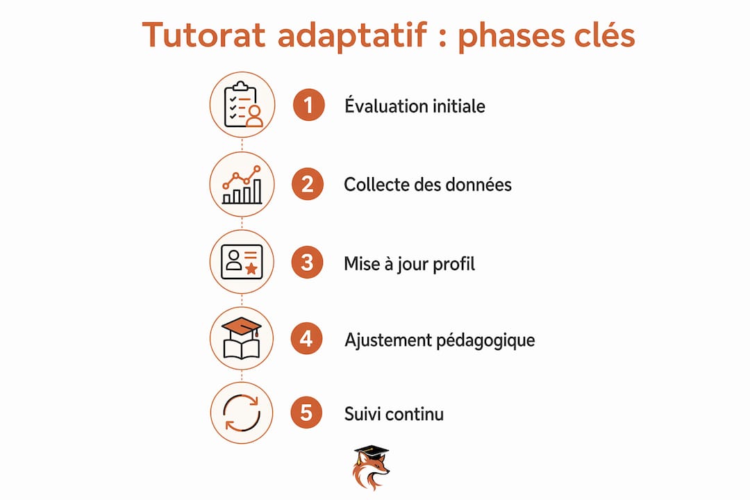 Infographie présentant les cinq étapes clés du tutorat adaptatif
