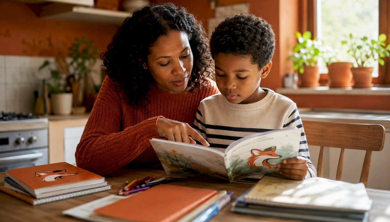 Mother helping son read French storybook