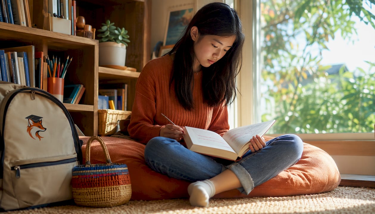 Teen girl reading French book at home study nook