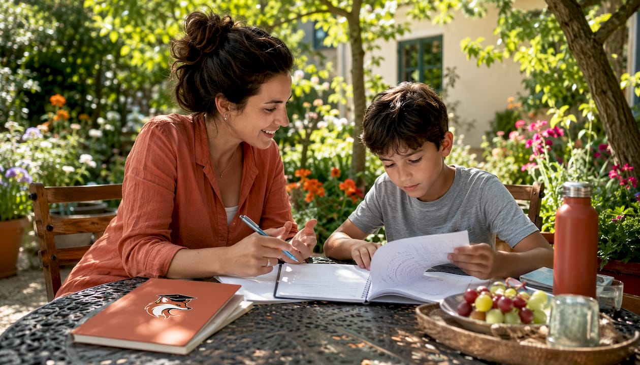 Un parent qui accompagne son enfant dans ses devoirs, l’aide à comprendre ses exercices et l’encourage à persévérer.