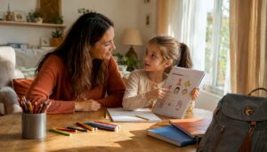 Mother helping child with French homework