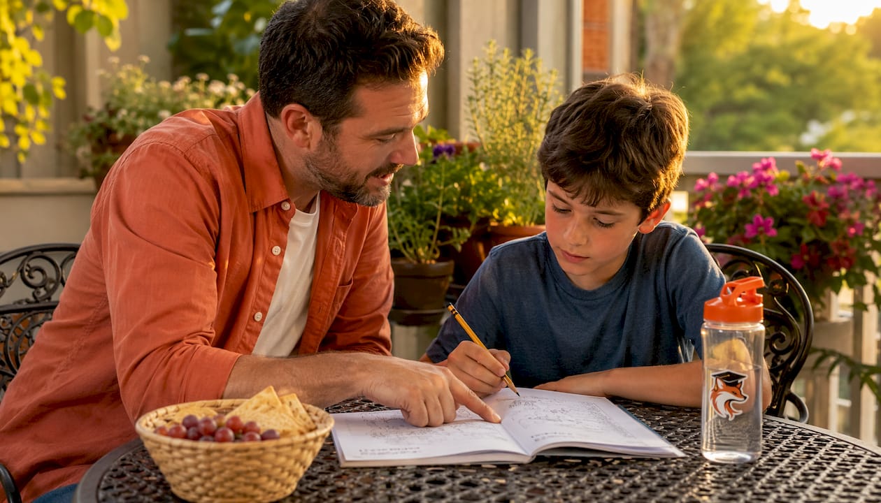 Father and son discussing French homework