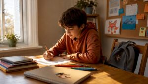 Un enfant qui révise chez lui pour passer un concours d’entrée