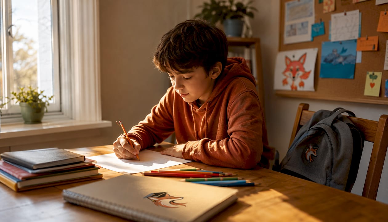Un enfant qui révise chez lui pour passer un concours d’entrée