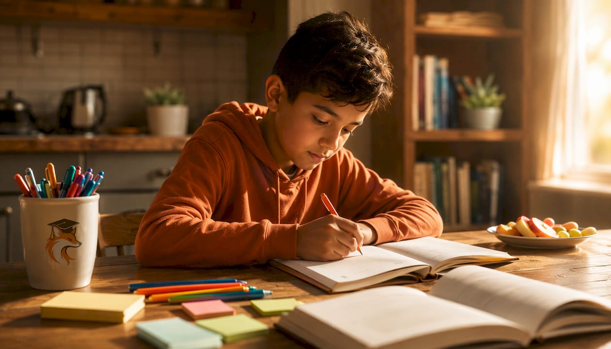 Boy writing in study planner at desk