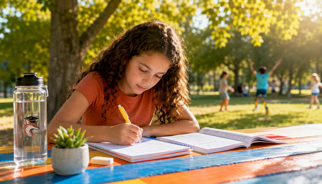 Girl doing math homework at kitchen table