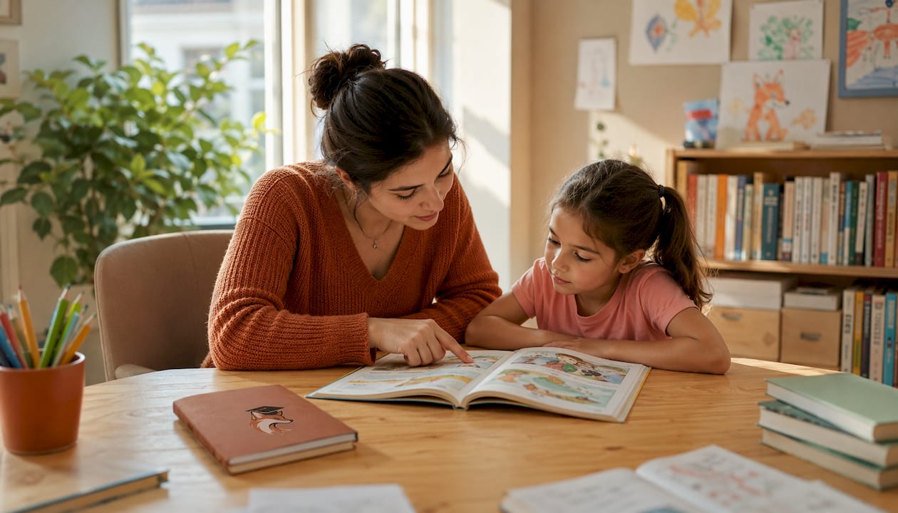 Un accompagnateur scolaire aide un enfant à faire ses devoirs de lecture à la maison.