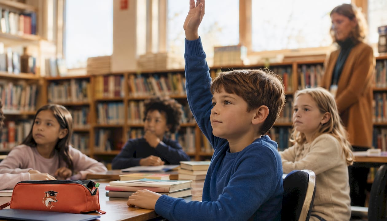 Child demonstrating inhibitory control by raising hand