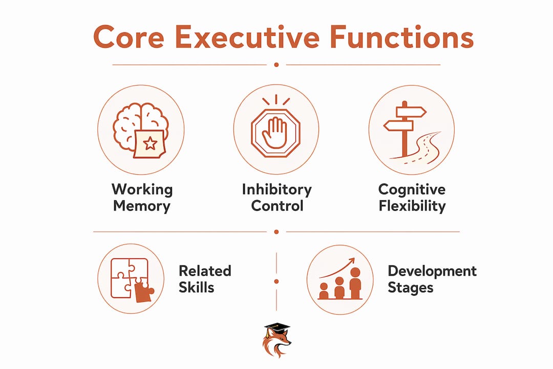 Infographic showing core executive function skills and related concepts