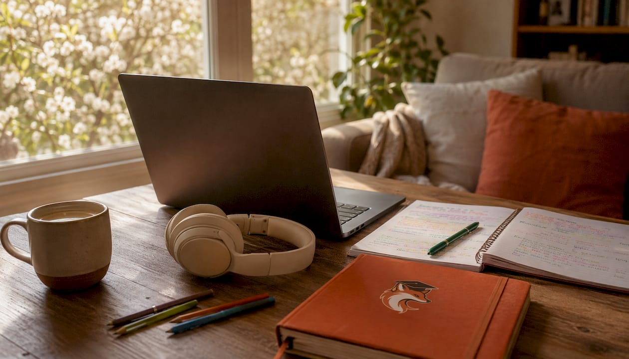Espace de travail soigné, équipé pour le tutorat en ligne