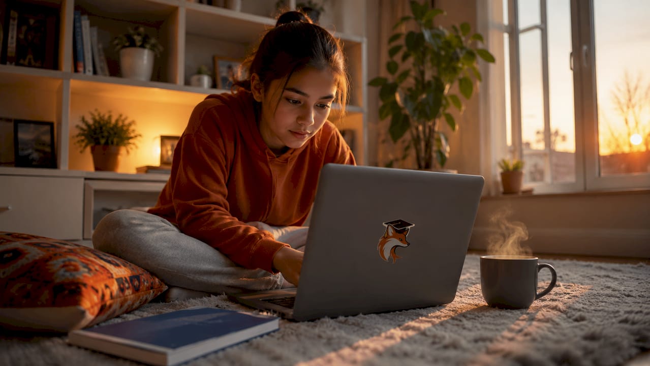 Une jeune fille absorbée par ses cours en ligne, installée tranquillement chez elle pour suivre son tutorat.