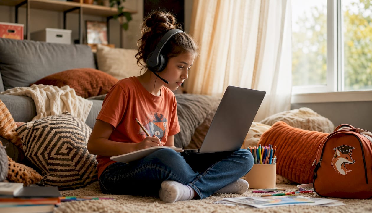Middle-school girl in online tutoring session at home