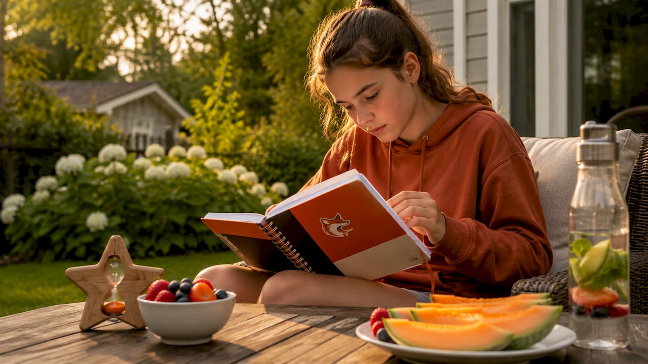 Teen using kitchen timer and planner
