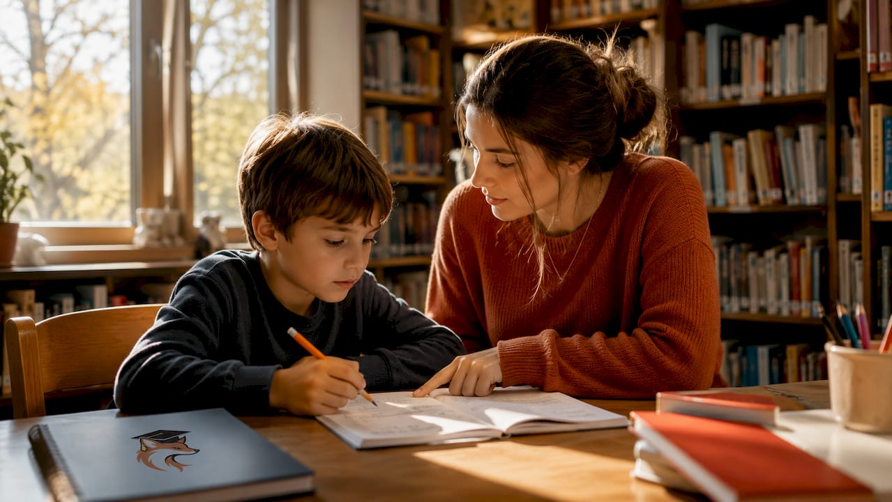 Un professeur accompagne un jeune élève dans la réalisation d'exercices sur son cahier.