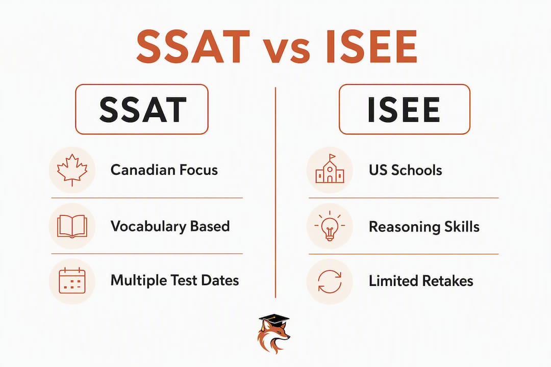 Infographic showing comparison between SSAT and ISEE