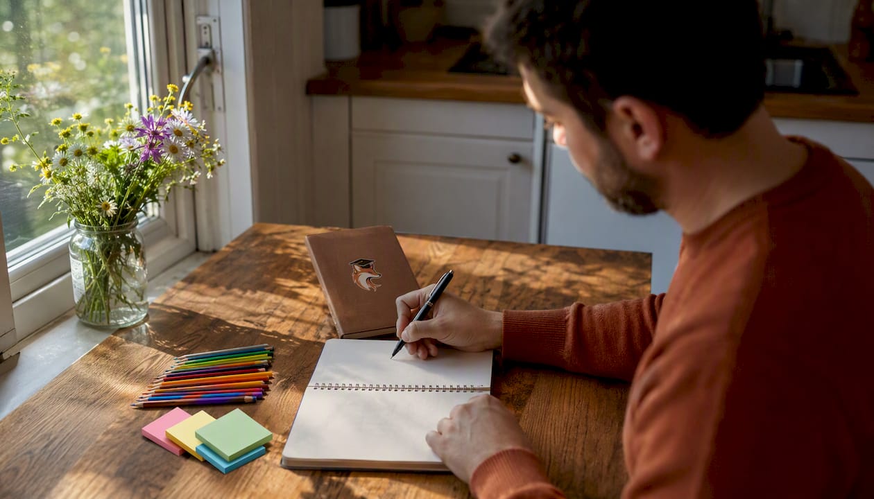 Rédaction d’un journal de suivi des progrès, accompagné d’une calculatrice et de quelques notes manuscrites
