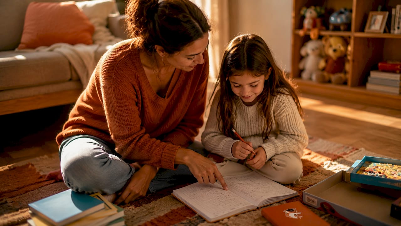 Une maman accompagne sa fille pour faire ses exercices de maths, installées côte à côte à la table de la cuisine.