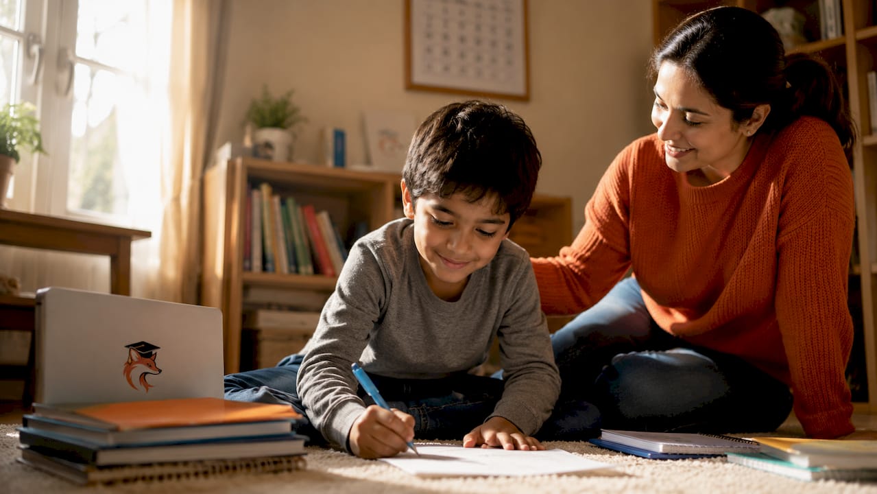 Un parent bienveillant qui encourage son enfant à prendre confiance en lui pendant qu’il fait ses exercices de maths.