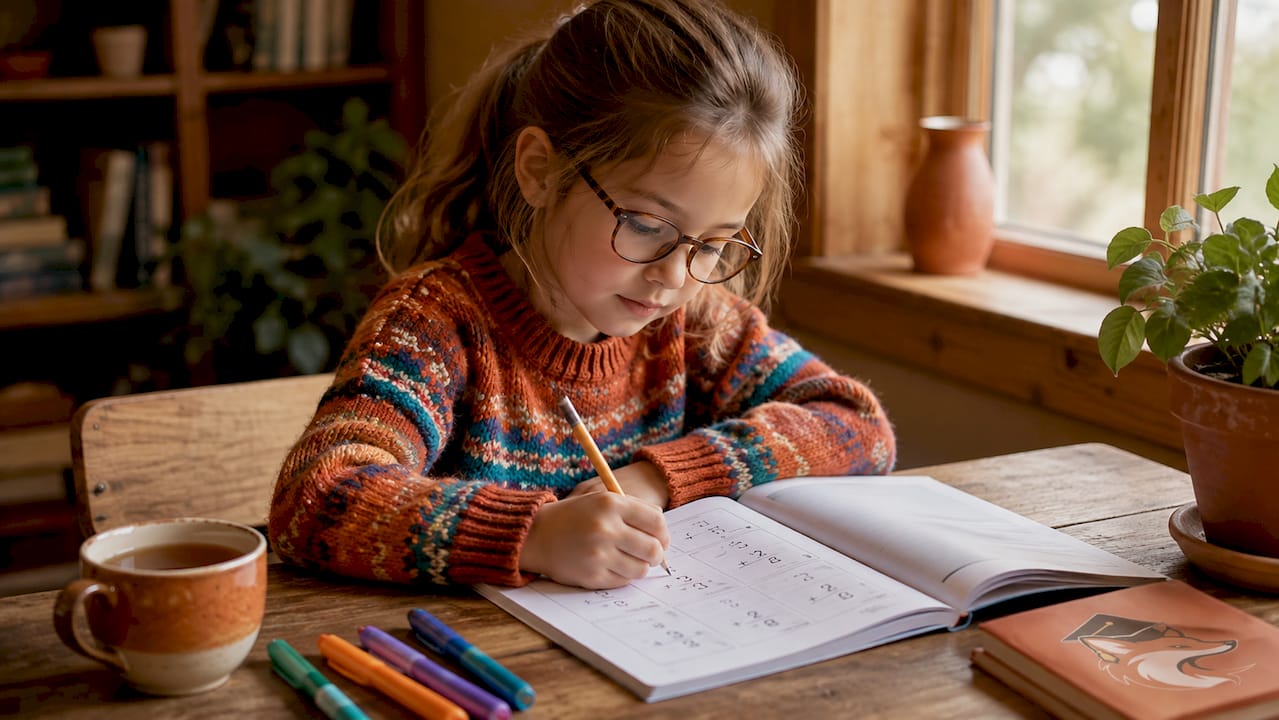Canadian girl working on math workbook at kitchen table