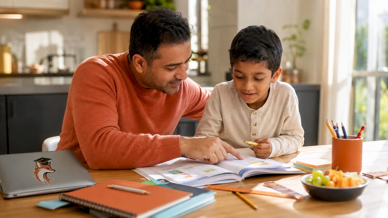 Parent guiding child using math workbook at home study desk
