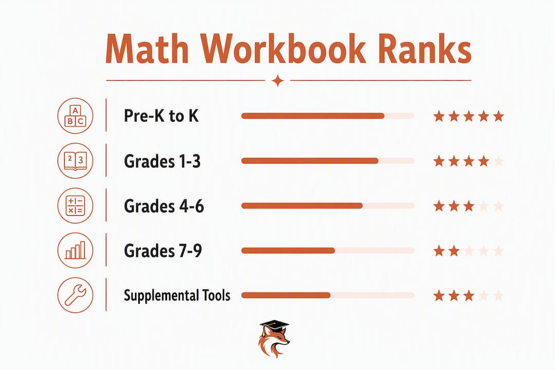 Infographic showing ranked math workbooks by grade and purpose