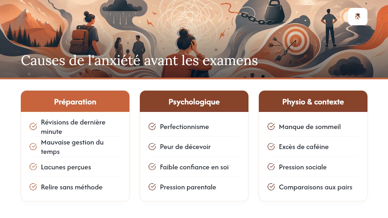 Schéma des trois principales sources de stress avant un examen