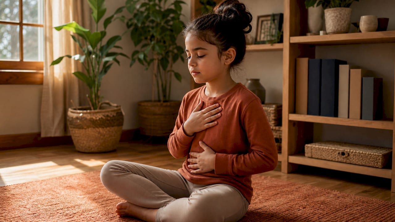 Un élève prend quelques instants à son bureau pour pratiquer des exercices de respiration afin de se détendre.