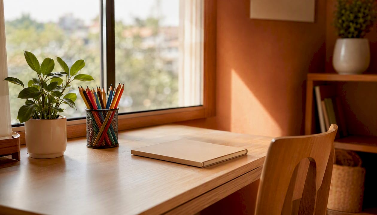 Un espace de travail pour enfant soigneusement aménagé, baigné de lumière naturelle.