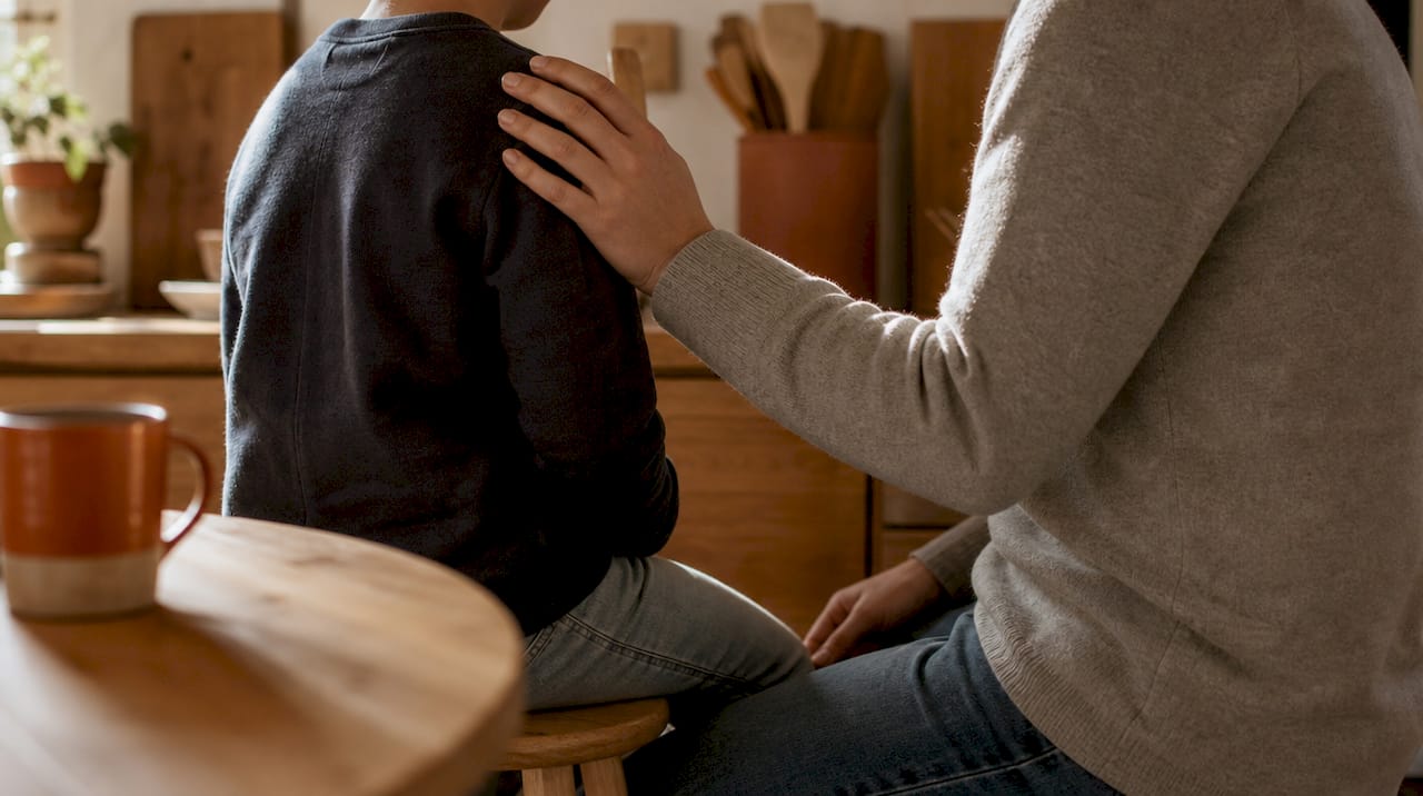 Un parent prend le temps d’écouter son enfant avec attention à la maison.
