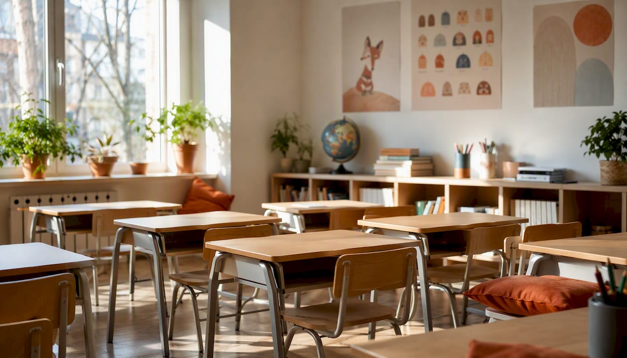 Salle de classe vide dans un établissement privé
