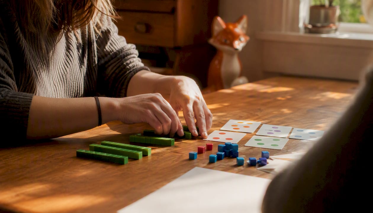 Tutor hands arranging math blocks and arrays