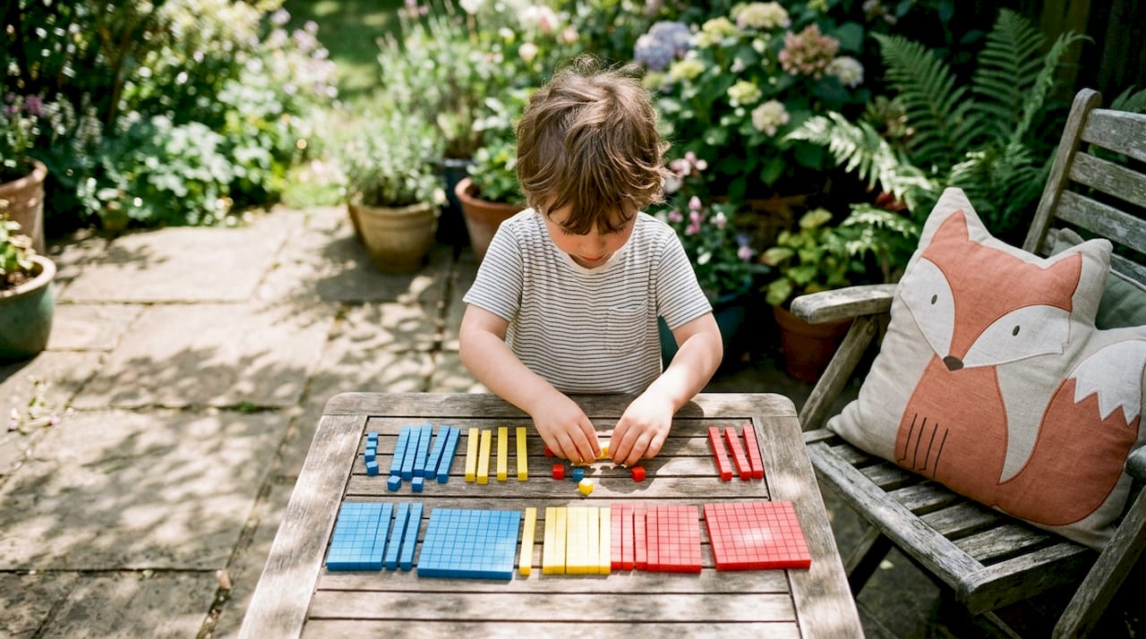 Child hands manipulating base ten blocks at table