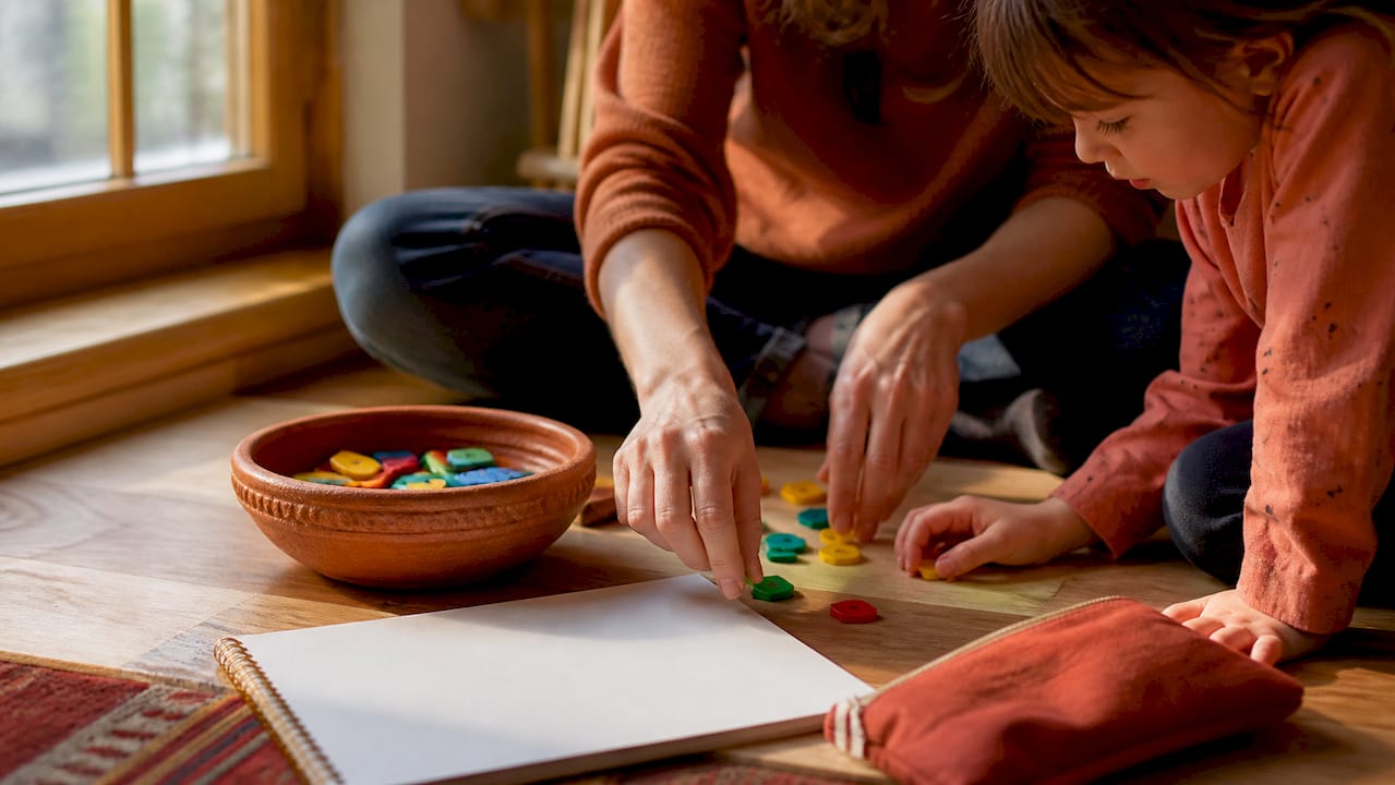Parent assisting child with math manipulatives at home