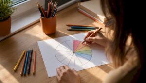 Des mains en train de colorier un disque fractionné