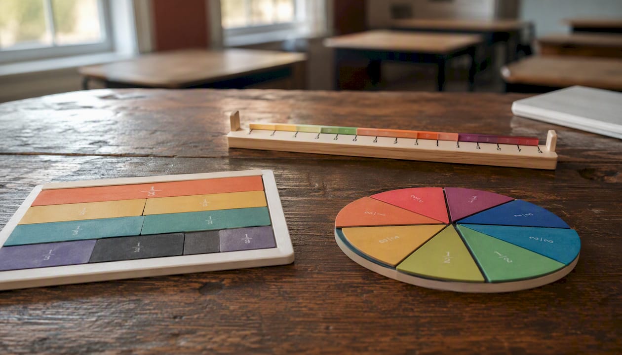 Des bandes de fractions, des diagrammes circulaires et des droites numériques sont disposés sur le bureau.