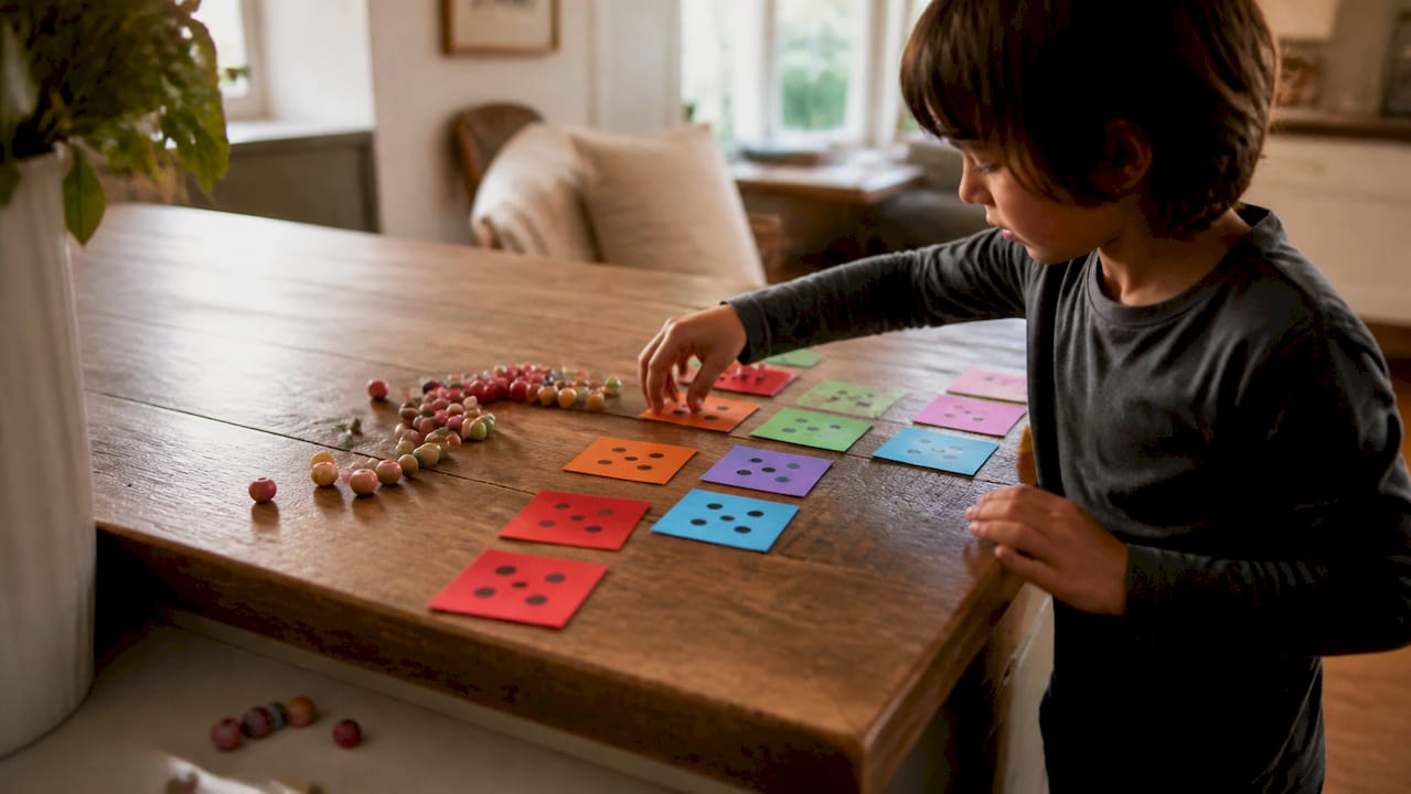 Child using math manipulatives for multiplication
