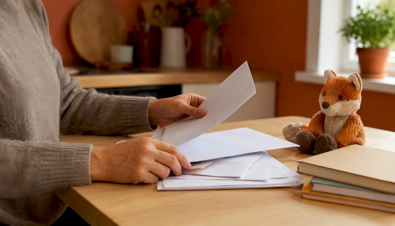 Un parent trie les dossiers du plan d’intervention à la maison.
